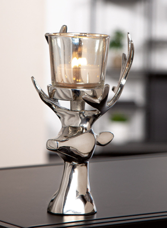 Suporturi lumanari - Suport lumanare tip tealight, Cerb, „Isaac”, Aluminiu, culoare argintie, PU 3, L. 8,5 cm, L. 9,5 cm, H 18 cm