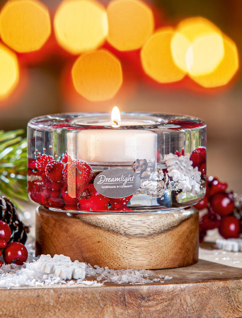 Suporturi lumanari - Suport lumanare tip tealight, Colum Smart pe baza de lemn, "Winter Berries", Lemn, maro, roșu, PU 4, H 6,5 cm, A. 8,5 cm