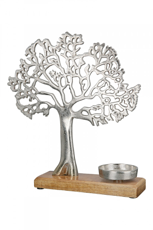 Suporturi lumanari - Suport lumanare Tree, Aluminiu/Lemn, Argintiu/Maro, 8x33x33 cm