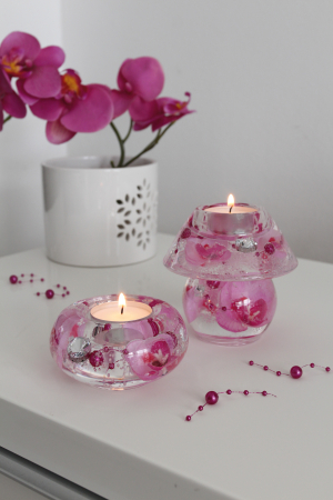 Suporturi lumanari - Suport lumanare Ufo Orchid, Sticla, Transparent/Roz, 5 cm