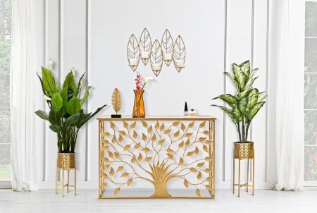 Suporturi lumanari - Suport lumanari pentru perete Leaf, Fier , Auriu, 56x66x14 cm