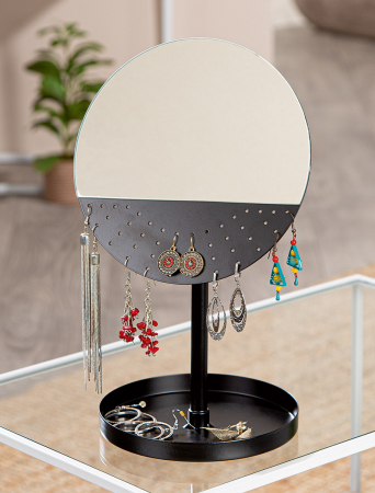 Organizatoare - Suport pentru bijuterii, rotund, sticlă, oglindă, negru, PU 3, L. 15 cm, l. 18 cm, H 30 cm