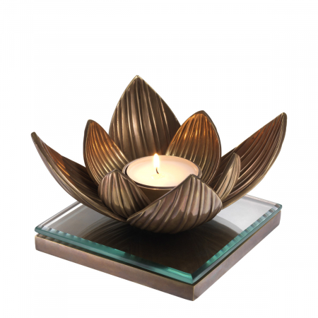 Suporturi lumanari - Suport pentru tealight Lotus, finisaj din alamă cu aspect vintage, Dims: L. 16 | W. 16 | H. 10.5 (CM)