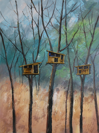 Tablouri - Tablou Bird houses pictat manual