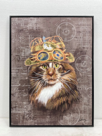 Tablouri - Tablou Canvas cat with hat + frame pictat manual