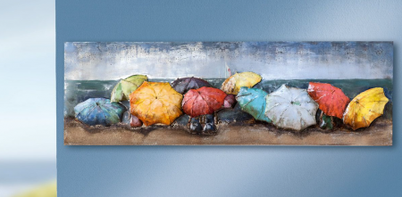 Tablouri - Tablou lucrat manual, BEACH OF PARASOLS, metal, 180x60x6