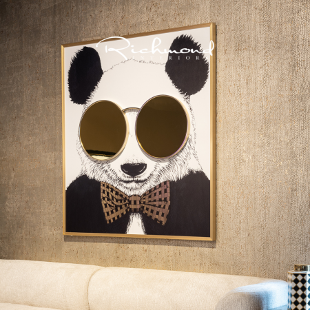 Decoratiuni de perete - Tablou Panda, Aluminiu/MDF, Negru/Auriu, 130x118x4 cm