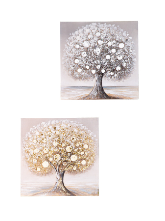 Tablouri - Tablou, patrat, „Copac Solo”, motiv copac, panza, auriu, argintiu, PU 2, 2 asortate, L. 3 cm, l. 60 cm, H 60 cm