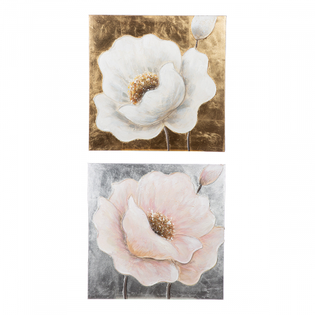 Tablouri - Tablou, pătrat, Hibiscus, Pânză, auriu, trandafir, argintiu, alb, PU 4, 2 buc. asortate, L. 2,5 cm, L. 50 cm, H. 50 cm