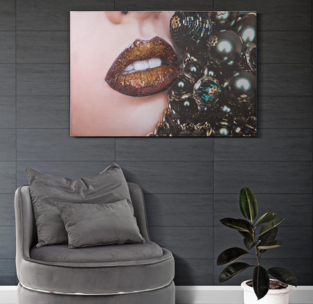 Tablouri - Tablou pictat manual Beautiful Lips, Lemn/Canvas, Multicolor, 120x80x3.8 cm