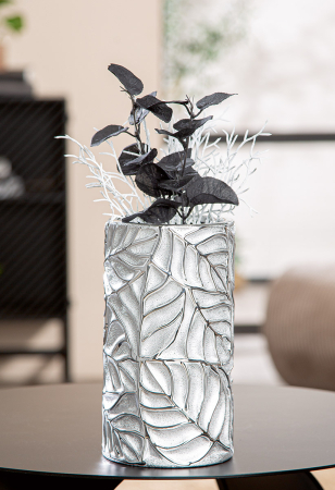 Vaze si boluri - Vaza, cilindrica, "Faggio", motiv cu frunze, ceramica, culoare argintie, PU 3, H 20 cm, A. 11 cm