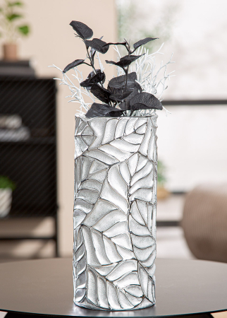 Vaze si boluri - Vaza, cilindrica, "Faggio", motiv cu frunze, ceramica, culoare argintie, PU 3, H 25 cm, A. 11 cm