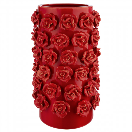 IN STOC - Vază, Sferă decorativă, cilindrică, motiv trandafiri, ceramică, roșu, PU 1, H 31 cm, D 17 cm