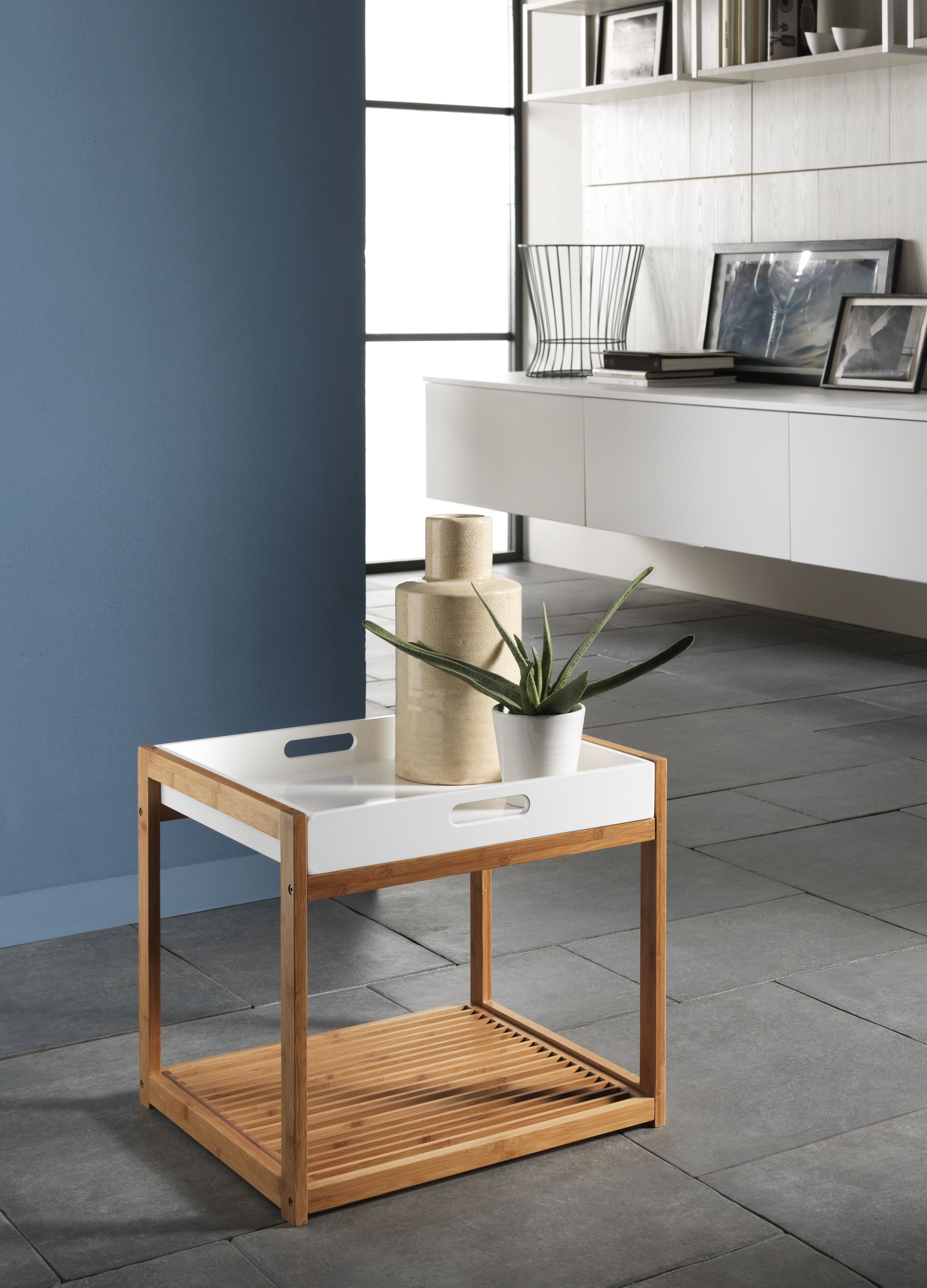 Masuta de cafea cu tava MEMPHIS, Bambus/MDF, Maro/Alb, 44x40x40 cm [2]