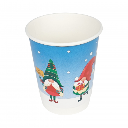 Cesti Pahare - Pahar Carton Perete Dublu Model Iarna Elf 8 oz (250 ml) 25 buc/set