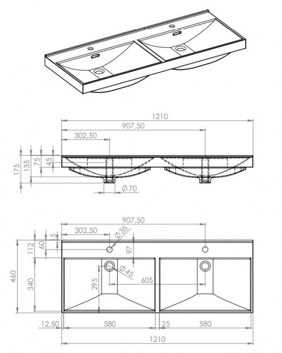 Lavoar dreptunghiular dublu MAXXI, din porțelan, încorporabil, 120X46cm - alb [2]