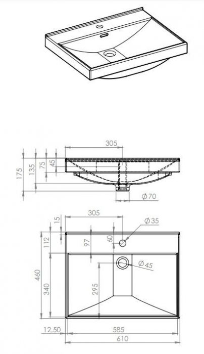 Lavoar dreptunghiular MAXXI, din porțelan, încorporabil 60X46cm - alb [3]