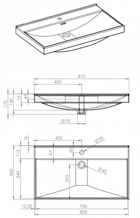 Lavoar dreptunghiular MAXXI, din porțelan, încorporabil 80X46cm - alb [4]