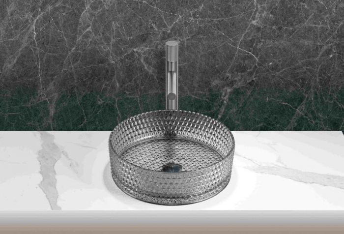 Lavoar rotund GLAM, din sticlă, montaj pe blat, 39,5x39,5x12cm - gri deschis [2]