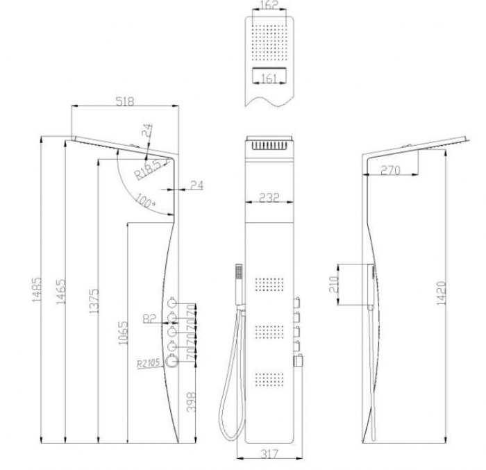 Panou de duș ASPEN, aluminiu 146,5x23,2x51,8cm - alb mat cu marginea neagra [2]