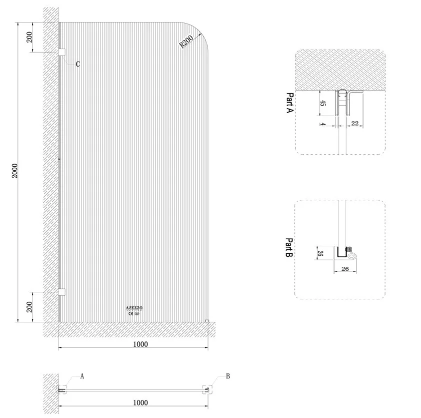 Paravan Walk-In CLEAR stânga, sticlă striată, 100 × 200 cm, sticlă securizată [5]