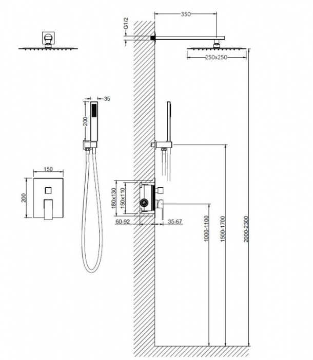 Sistem duș complet CUBEFIELD, cu montaj încastrat în perete - negru [2]