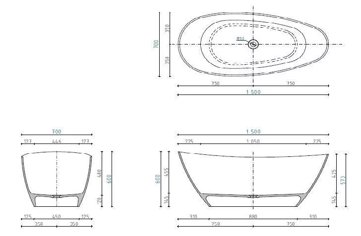 Cadă freestanding PALMYRA, din marmură turnată, 150 × 70 cm, alb lucios [1]