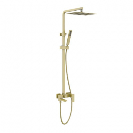 Baie - Coloană duș completă CUBEFIELD, cu pipă pliabilă, 3 funcții, montaj pe perete - Auriu periat