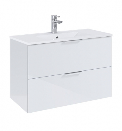 Mobilier baie - Set Dulap de Baie Alb Lucios - cu Lavoar Încorporat, 80 cm- Etna cu 2 Sertare