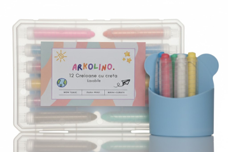 Produse - Pachet Creioane cu Creta Lavabila 12 Buc + Suport Magnetic Albastru – Non-Toxice, Suport Retractabil