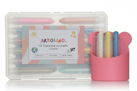Produse - Pachet Creioane cu Creta Lavabila 12 Buc + Suport Magnetic Roz – Non-Toxice, Suport Retractabil