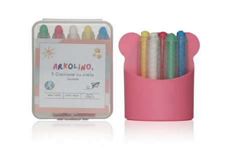 Produse - Pachet Creioane cu Creta Lavabila 5 Buc + Suport Magnetic Roz – Non-Toxice, Suport Retractabil