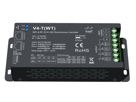 LED szalag vezérlő - LED controler DMX512 (WiFi) - Mono/ CCT/ RGB /RGB+W - 12-48V DC 4x8A - RJ45 - V4-T(WT)