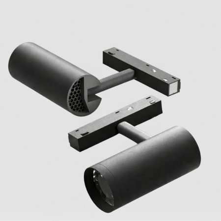 Mágneses sín 20 mm - Matt fekete mágneses LED spot, 48V DC, 12W, 3000K, 910 lm, 24°, OSRAM, RA90, Ø57 × 138 mm