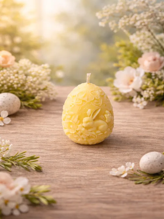 Colectia ,, Cadouri pentru Paste" - Lumanare in forma de ou din ceara naturala de soia cu imprimeu cu iepuras si cu miros de iasomie