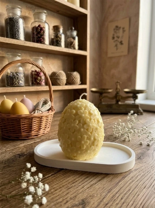 Colectia ,, Cadouri pentru Paste" - Ou cu motive florale din ceara naturala parfumata de soia cu fitil de bumbac