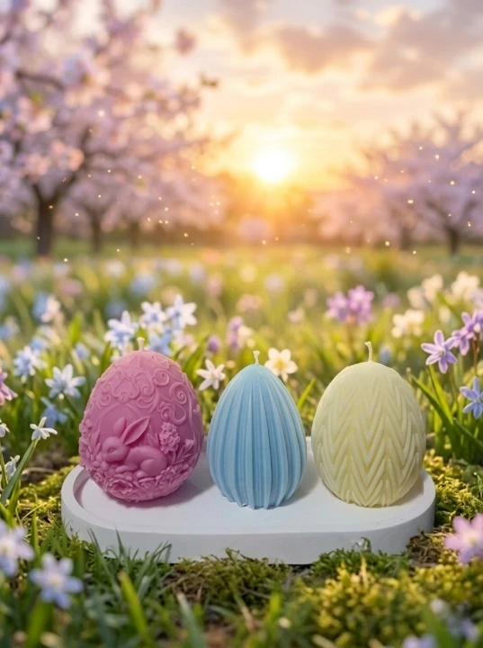 Colectia ,, Cadouri pentru Paste" - Set cadou cu 3 lumanari in forma de ou cu diverse imprimeuri din ceara naturala parfumata cu miros de iasomie