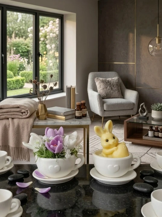 Colectia ,, Cadouri pentru Paste" - Set cadou Paste ,, Ingemanare”-2 cescute decorative din ceramica lucrate manual,una cu ghiocei din sapun cu miros de liliac si cealalta cu un iepuras din ceara parfumata naturala de soia cu miros de ciocolata