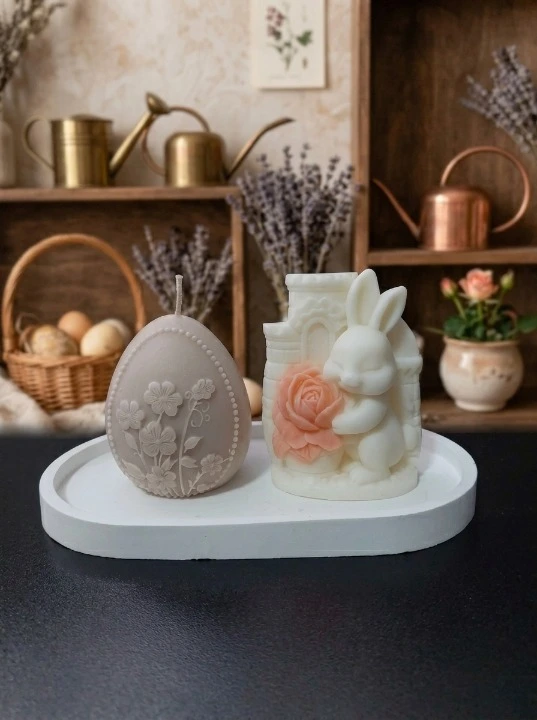 Colectia ,, Cadouri pentru Paste" - Set Cadou „Primăvară Romantică” – Iepuraș și Ou Floral din ceară naturala de soia