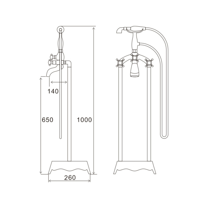 DUO FREE RETRO – Baterie stativă din alamă pentru cadă freestanding, cu duș mobil, maner zinc, comutator cadă-duș, finisaj crom [2]