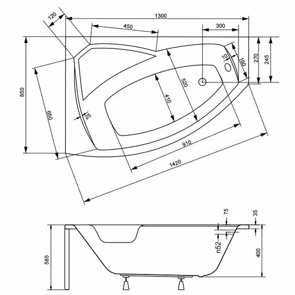 Cadă asimetrică acrilică Besco Rima 130x85 cm, montaj dreapta, alb, picioare incluse [2]