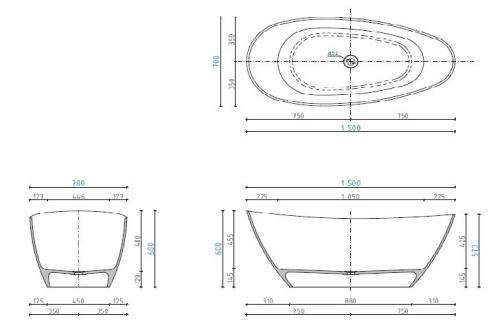 Cadă PALMYRA din marmură turnată, freestanding, de mijloc, 150x70cm - alb lucios [2]