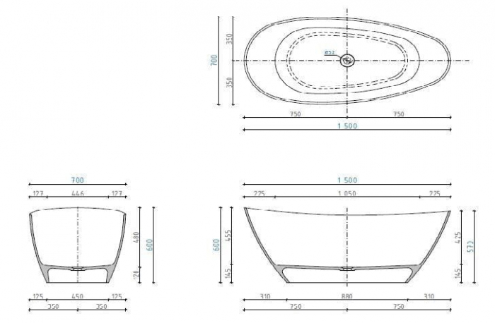 Cadă PALMYRA din marmură turnată, freestanding, de mijloc, 150x70cm - negru mat [2]