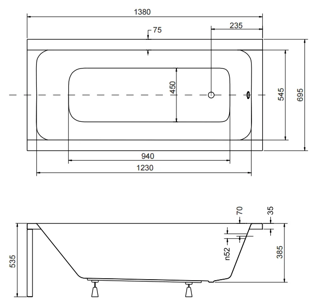 Cadă rectangulară acryl Besco Modern 140x70 cm, picioare incluse [2]
