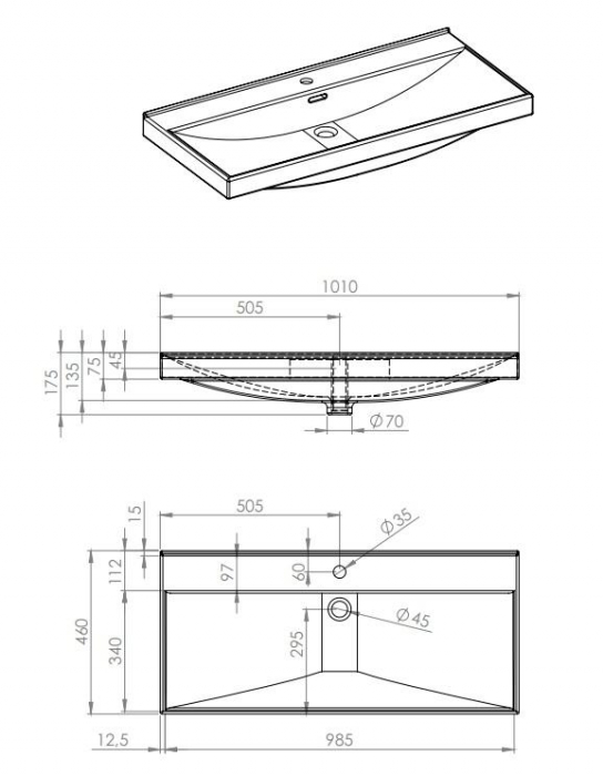 Lavoar dreptunghiular MAXXI, din porțelan, încorporabil 100X46cm - alb [4]