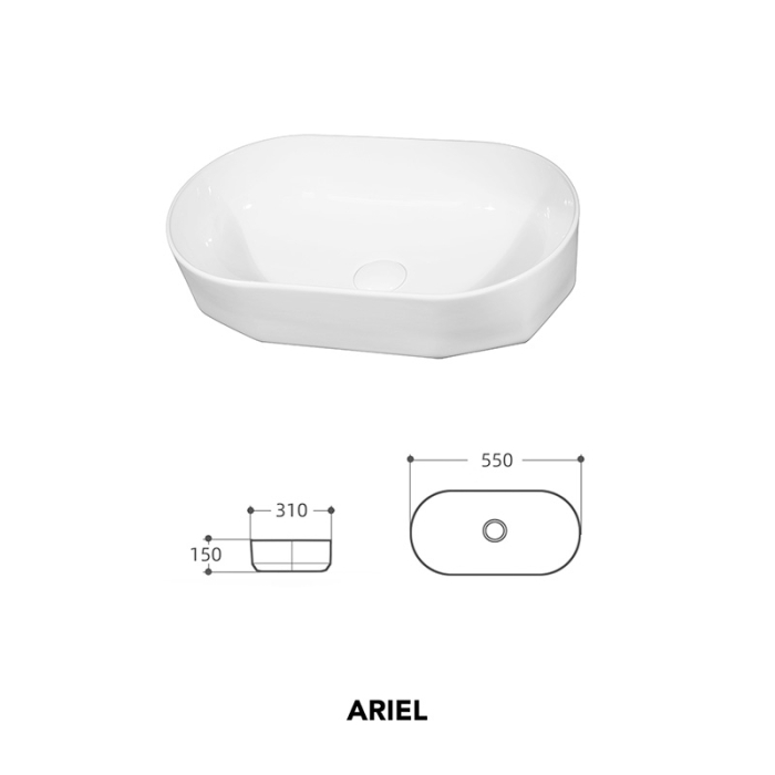 Lavoar pe blat Fluminia Ariel, oval cu bază poligonală, 55 x 31 cm, alb [4]