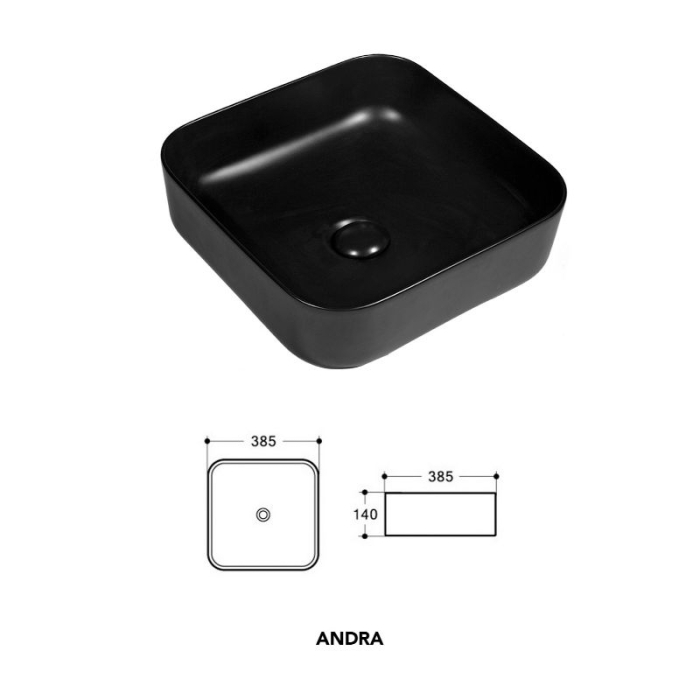 Lavoar patrat Fluminia Andra Black, negru mat, fără loc pentru baterie și preaplin, 38.5 x 38.5 x 13.5 cm [2]