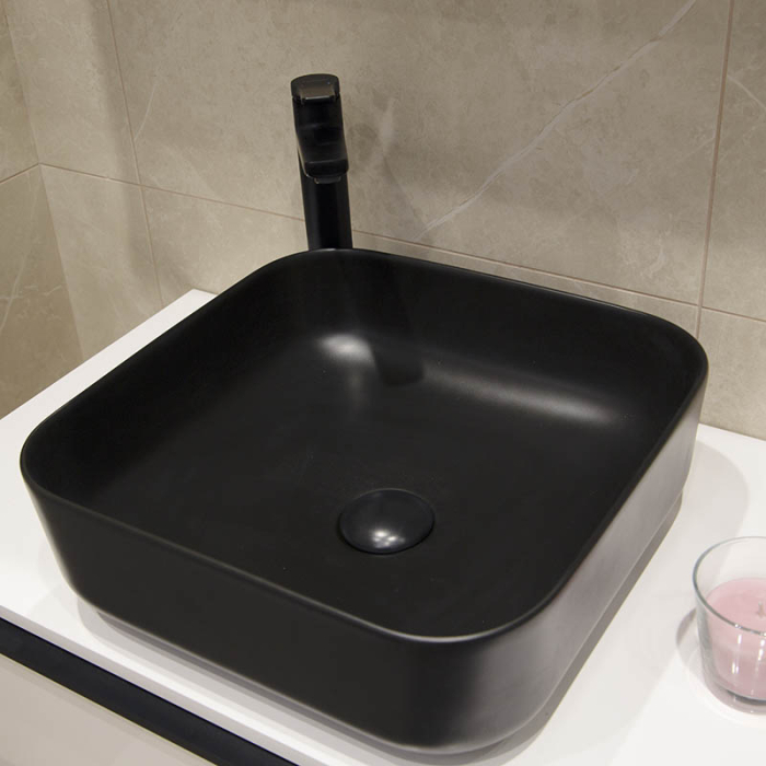 Lavoar patrat Fluminia Andra Black, negru mat, fără loc pentru baterie și preaplin, 38.5 x 38.5 x 13.5 cm [4]