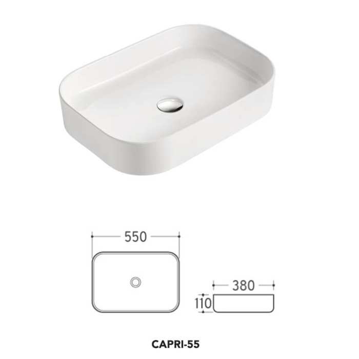 Lavoar pe blat Fluminia Capri 55, dreptunghiular, 55 x 38 cm, alb [2]