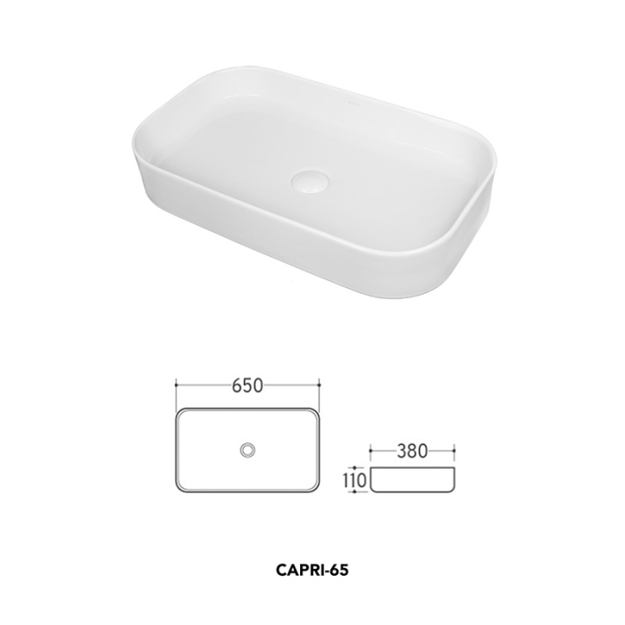 Lavoar pe blat Fluminia Capri 65, dreptunghiular, 65 x 38 cm, alb lucios [2]